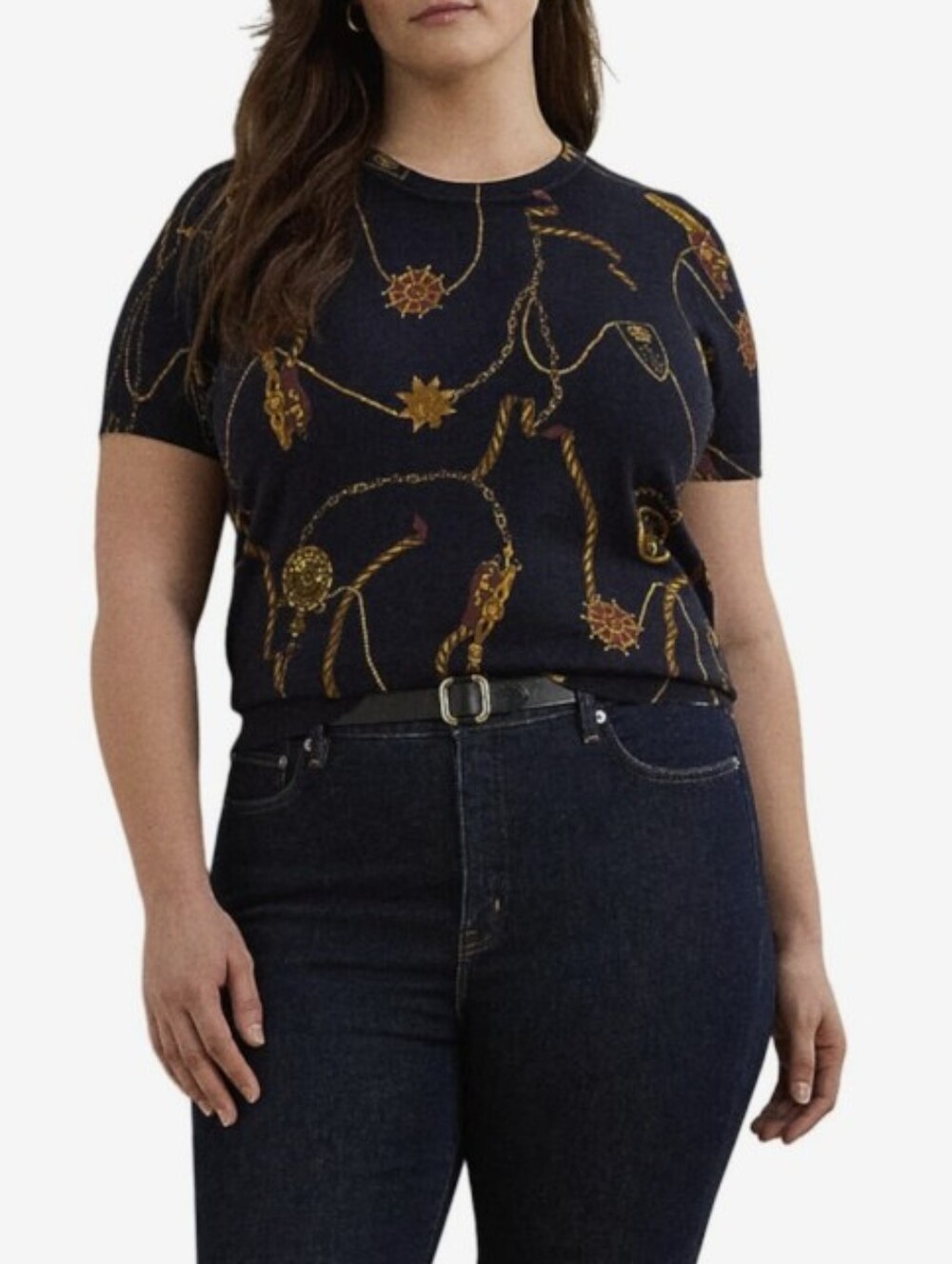 Lauren Ralph Lauren Womens Plus Size 2X Belting-Print Dark Blue (Navy) Sweater